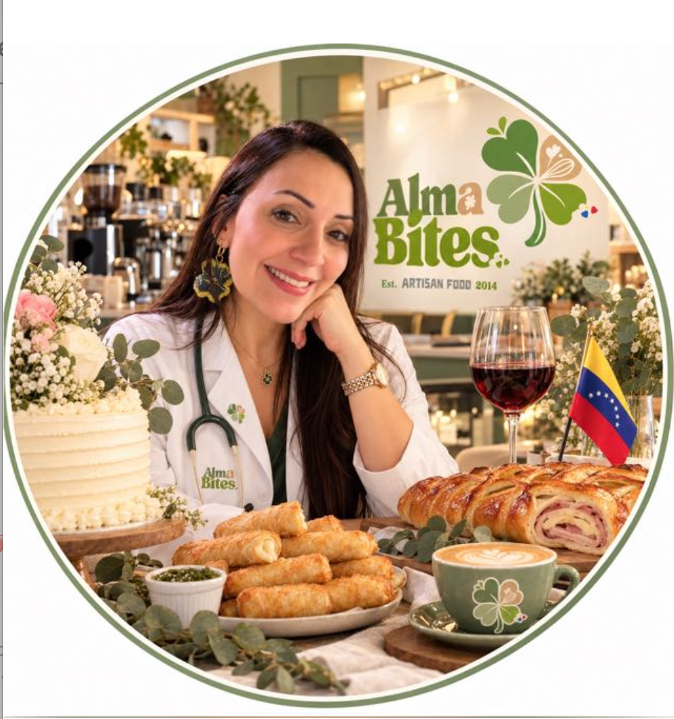 Mary Corzo, the creative force behind AlmaBites, with pastries and Venezuelan-inspired creations